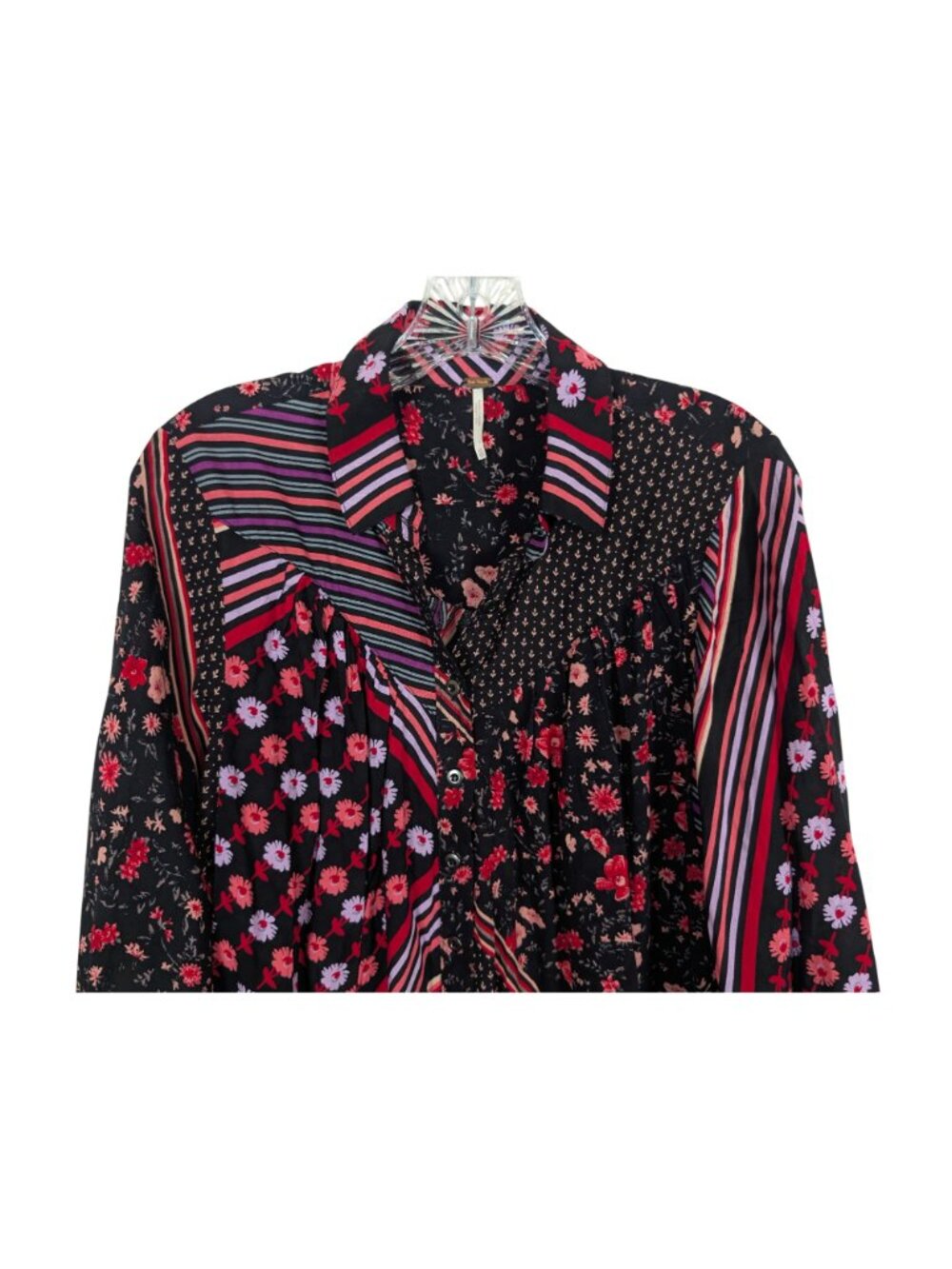 Free People Womens XS Mixed Print Button Front Blouse Boho Floral Striped Viscos - Picture 5 of 16